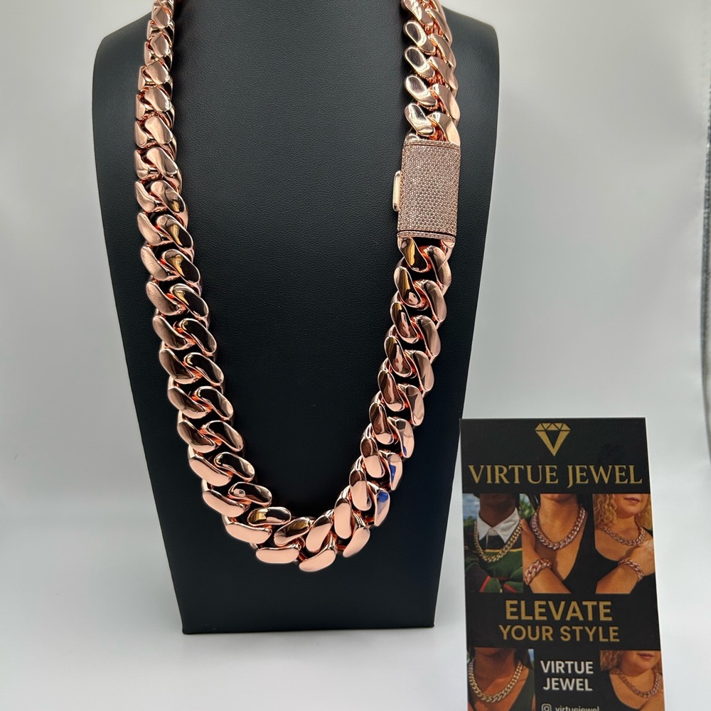 20mm Miami Cuban Link Rose Gold Plated Chain Necklace 18k & 14k Diamond Lock